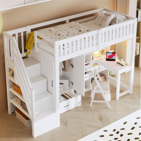 Cama Alta 90x200 Cm Estructura Con Escritorio Y Almacenes Blanco
