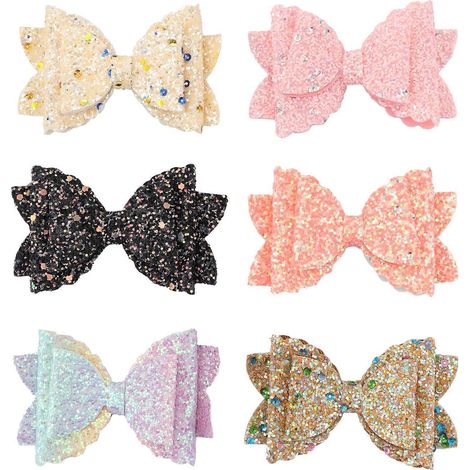 Ensemble de 6 pinces à cheveux à nœud double couche à paillettes ondulées, faites à la main-8.5x5.5cm (1/3)