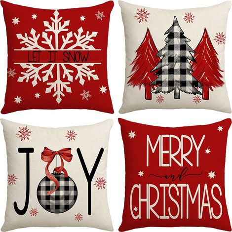 Lot de 4 Housses de coussin, 45x45 cm, Lin rustique, Motif Noël, Salon Chambre (1/5)