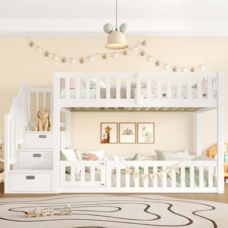 Lit mezzanine bas enfant 90x200 avec escalier rangement barrières pin MDF blanc