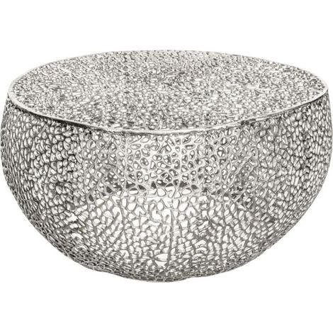 Table basse METRIX ronde argentée 80 cm – Table basse design en aluminium ajouré