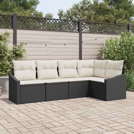 Gartensofa-set mit Kissen 5 pcs Schwarz und Weiß Poly-Rattan