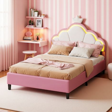 Erwachsenenbett 140x200 cm, 2 Personen, mit LED, Krone, höhenverstellbarem Kopfteil, Lattenrost aus Holz, Prinzessinnenbett aus Velours - Rosa
