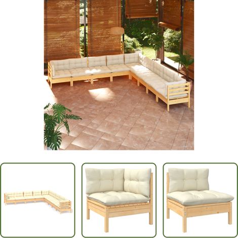 Terrassensofa - 9-tlg. Garten-Lounge-Set mit Creme Kissen Massivholz Kiefer (1/5)