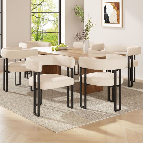 Matériau en peau de mouton de haute qualité (6 pièces). Chaise à manger. Chaise pour se maquiller. Chaise ergonomique. Chaise élégante et confortable. Encadrement du dos incurvé, couleur beige/brun. (1/5)