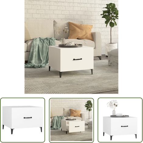 The Living Store Table basse avec pieds en métal Blanc 50x50x40 cm - Table Basse Industrielle - Table D'appoint Design - Meuble TV - Rangement Tiroir - Pied Metal (1/5)