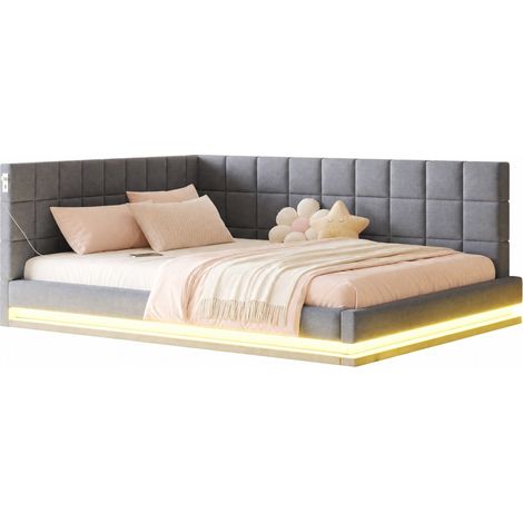 Divano letto 160x200 cm in lino grigio con LED, USB e rete a doghe, senza materasso - CHICFURN (1/5)
