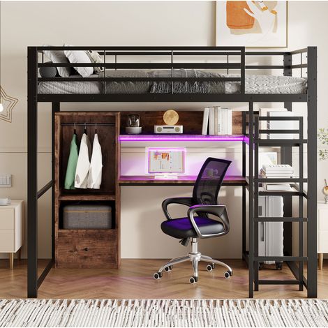 Lit mezzanine moderne 140x200 cm métal et MDF noir avec bureau, 1 tiroir, étagères, LED et garde-corps (1/5)