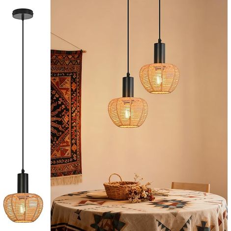 GBLY Lámpara Suspensión Boho Rotin 1 Bombilla Vintage Trenzada Cuerda de Lino E27 Sin Bombilla Para Comedor Dormitorio (1/5)