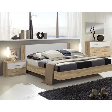 Lit adulte double + 2 chevets coloris imitation chêne poutre/blanc - Longueur 149 x Profondeur 210 x Hauteur 80 cm -PEGANE-