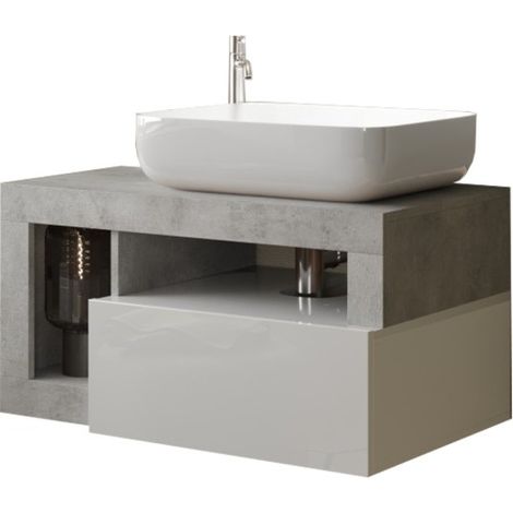 Mueble de baño suspendido con lavabo y 1 cajón, longitud 79cm, colección BURA, color blanco brillante y concreto