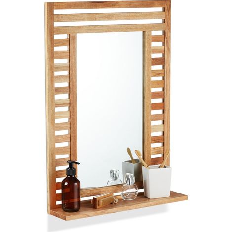 Espejo de baño con estante - Madera de nogal natural
