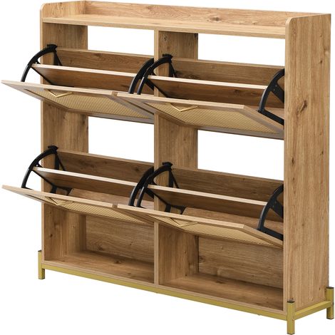 Platzsparender Schuhschrank in Rattan-Optik mit 4 Türen, Metallgestell und oberer Ablage (1/5)