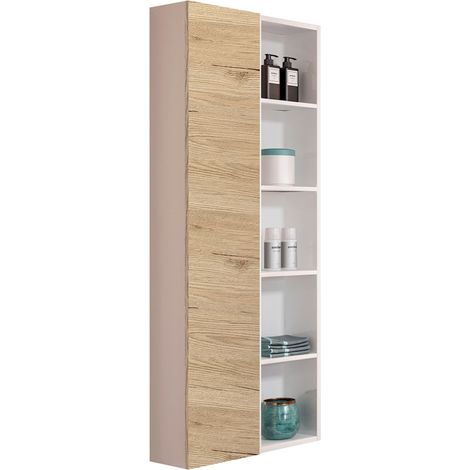 Colonna reversibile sospesa 60x22 con anta e vani a giorno Bianco lucido-Quercia Naturale