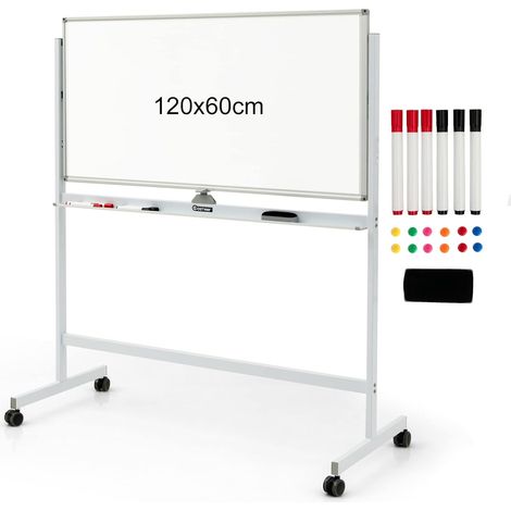 COSTWAY Pizarra Blanca Móvil Magnética Doble Cara 120 x 60 cm/Pizarra de Borrado en Seco Soporte Ajustable, 6 Marcadores, 12 Imanes y 1 Borrador (blanco) (1/5)