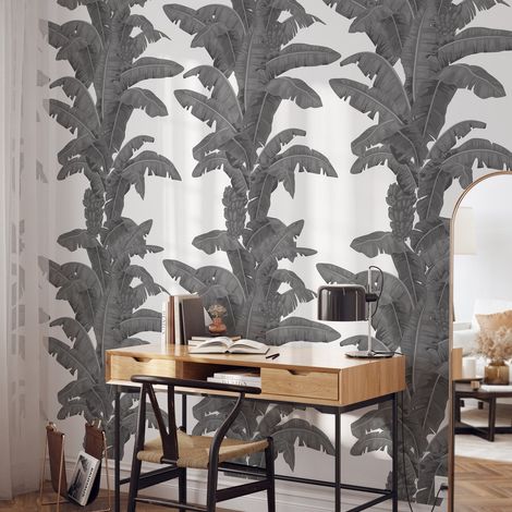 Carta da parati urban jungle piante bianco e grigio Palme Esotiche (1/5)