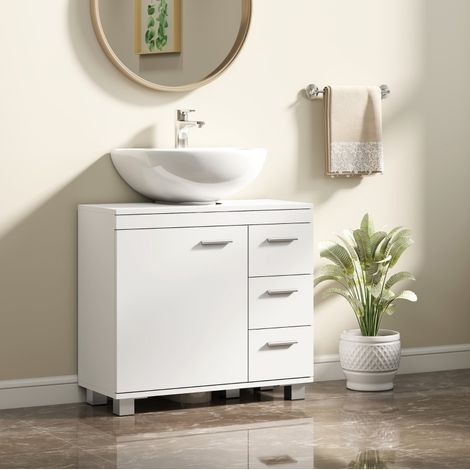 Mobile sottolavabo in MDF bianco 70 x 30 x 64 cm con 3 cassetti e 2 ripiani (1/5)