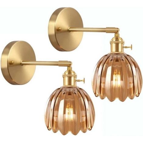 Applique Murale Industrielle en Cuivre Moderne E27 avec Abat-jour en Verre Marron Lot de 2 Luminaire Murale Contemporain