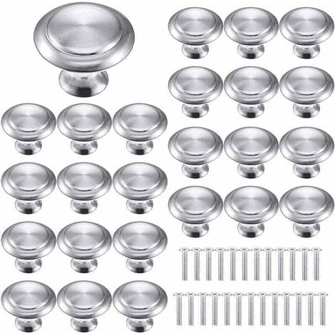 Set of 25 silver furniture handles, drawer handles, round door handles, stainless steel round handles for cabinets, kitchen, children's room