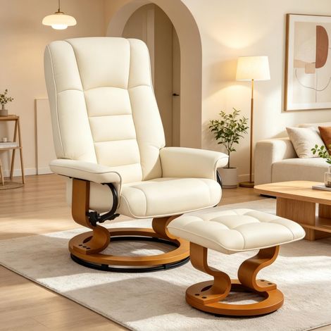 Poltrona relax reclinabile 76x85x104 cm crema, legno, girevole con poggiapiedi - CHICFURN (1/5)
