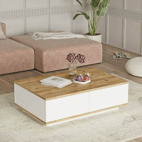 Dmora - Mesa de café Dnastasi, Mesa de centro baja, Revistero para sofá, Estante de la sala de estar, 90x60h29 cm, Roble y Blanco (1/5)