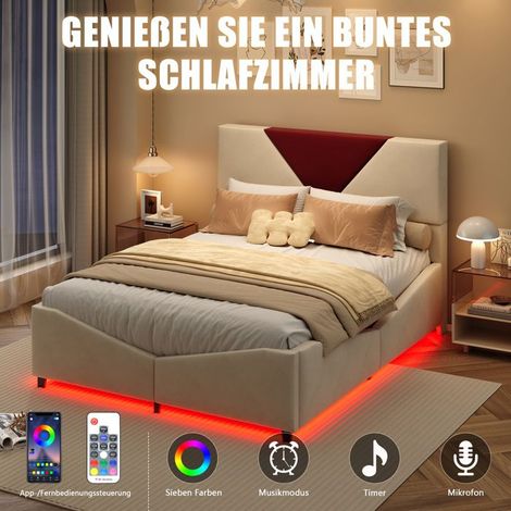 Lit coffre 160x200 cm - Beige - Tissu velours - LED intégrée - Rangement hydraulique (1/5)