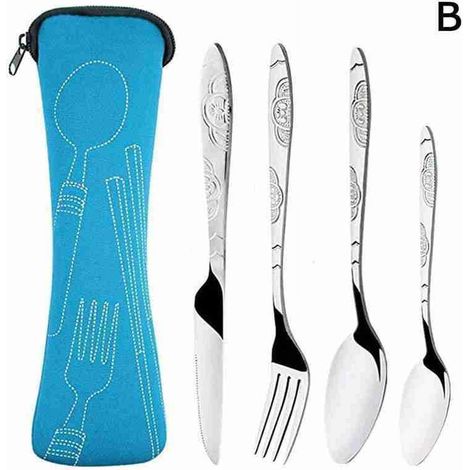 Couteau Fourchette Cuillère En Acier Inoxydable - Kit Couverts Voyage Portable Avec Etui - Pour Pique-Nique Camping Extérieur - 4 Pièces (1/5)