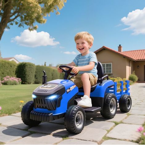 Tractor eléctrico para niños con remolque desmontable, mando a distancia, 12 V, azul DESVIAE (1/5)