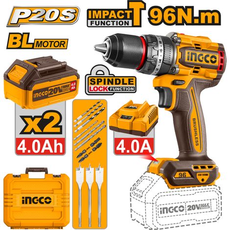 Ingco Taladro percutor Brushless 20V 96nm 2 baterías 4 ah + cargador + maletin