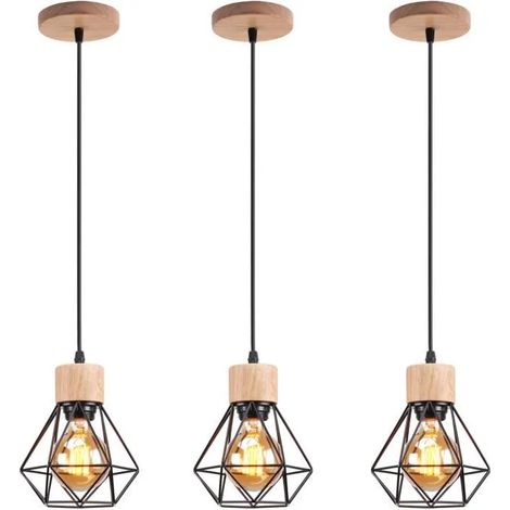 Lot de 3 lustres industriels, plafonniers cage en métal, suspensions vintage, lampes suspendues avec ampoule chaude, longueur de corde réglable (1/5)
