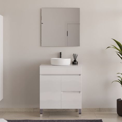Meuble de salle de bain 60cm sur pieds avec plateau et une cuve à poser ronde - porte et tiroirs - blanc brillant - HARO