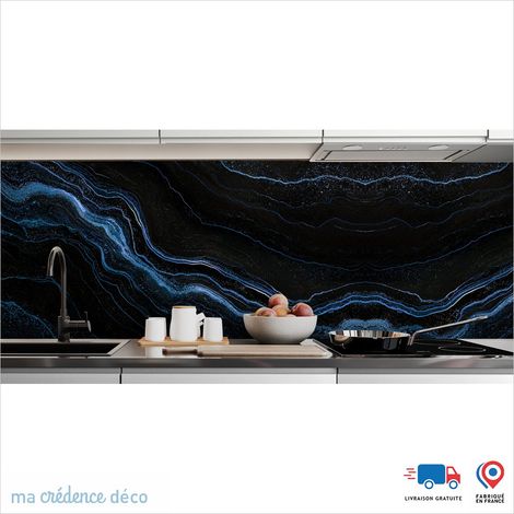 Crédence : Marbre noir et filets dorés - Couleur Bleu signal - Alu composite - 60 - 120 (1/3)