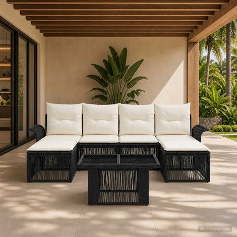 vidaXL Set Divano da Giardino 7 pz Nero e Bianco Crema polyrattan (1/5)