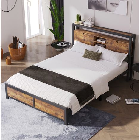 Letto matrimoniale 140x200 cm naturale in metallo e MDF con testiera contenitore (1/5)