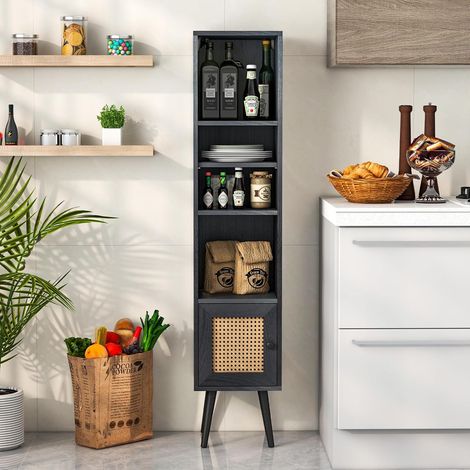 COSTWAY Libreria Scaffale con Anta in Rattan Naturale, Scaffale Legno in Stile Boho con 3 Ripiani Regolabili in 12 Posizioni, per Soggiorno Cucina e Camera da Letto, 29,5 x 29,5 x 137 cm (Nero) (1/4)