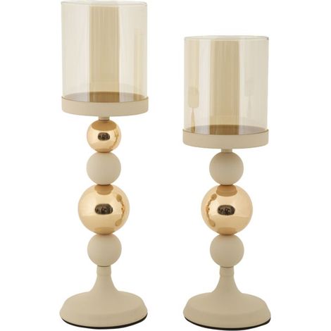 Porta Candele Glassy Crema Set 2 Pz Ø10x36 cm - Ø10x32 cm in Ferro Crema e Oro (1/5)
