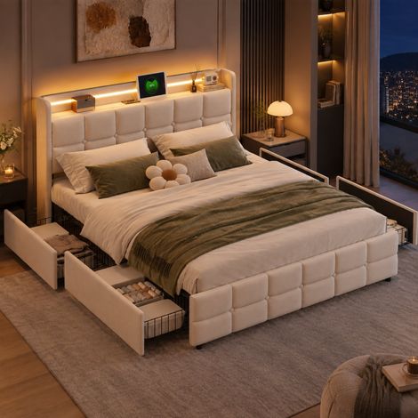 Lit 140x190 cm avec LED, Lit adulte avec 4 tiroirs de rangement, Tête de lit LED avec ports USB intégrés, Lit double, Lin, Beige (1/5)