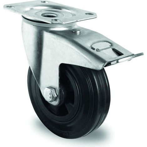 Roue industrielle 80 mm caoutchouc noir avec plaque et frein (1/2)
