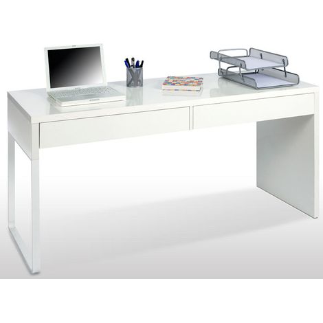 Bureau réversible blanc brillant avec 2 tiroirs – L 138 x H 75 x P 50 cm – Panneaux de particules et pieds métal – Design moderne