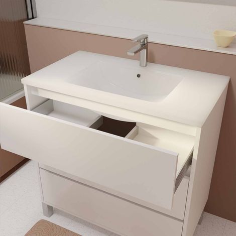 ensemble meuble de salle de bain blanc 80 cm sur pied 3 tiroirs + vasque ceramique blanche + miroir — vue 2
