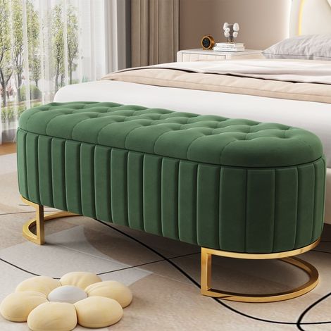 Banc de Rangement 120x40x42cm - Banquette Coffre de Chambre - Bout de Lit Rembourré - Salon - Velours Vert (1/5)