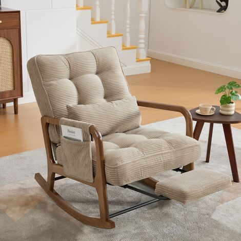 Sillón mecedora 70x80x92 cm caqui en pana con reposapiés retráctil y respaldo ajustable