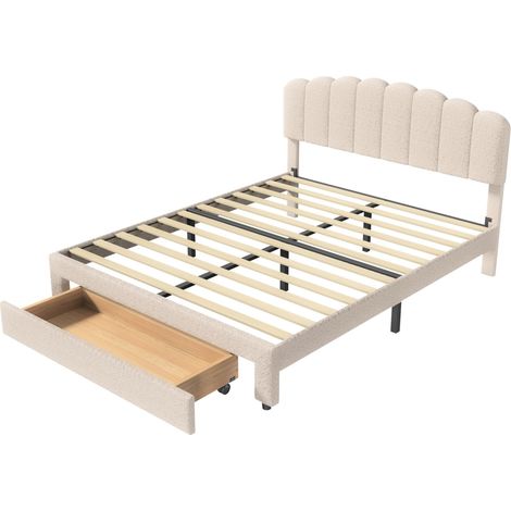 Lit double coffre 140x200, Lit avec Sommier avec 1 tiroir, Lit rembourré 2 Personnes avec USB et Type c, Tête de élastique Réglable en Hauteur, beige, velours, sans matelas (1/5)