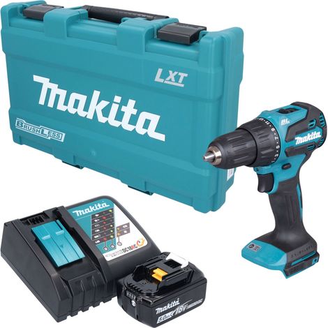 Taladro atornillador de percusión a batería Makita DHP 490 RT1K, 18 V, 65 Nm, sin escobillas + 1 batería de 5,0 Ah + cargador + maletín (1/5)