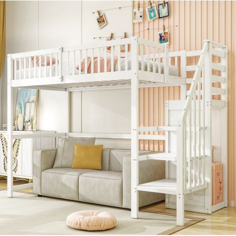 Letto a soppalco 90/200 cm bianco in legno con scala, armadio e spazio sottostante (1/5)
