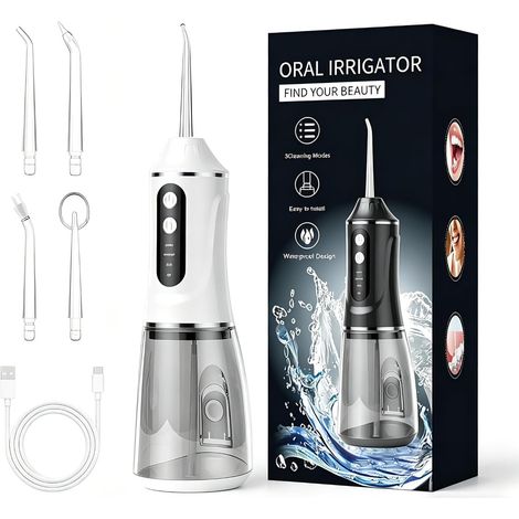 Jet Dentaire Hydropulseur, Irrigateur Oral avec 3 Modes de Pression D'eau et 4 Émbouts, Réservoir 380 ML, Étanche IPX7, Technologie d’Eau Pulsée et Grande Autonomie pour Maison et Voyage (1/5)