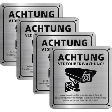 Argent Pancarte Video Surveillance,4 Pièces Trous Pré Percés et Dos Adhésif Panneau Camera Surveillance,Alliage d'Aluminium Robuste et Durable,Pour Immeubles d'Habitation (1/5)