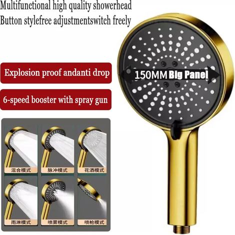 (Gold-B) Nouveau pommeau de douche massant spa à grand panneau de 15 cm, 7 modes, douche pluie haute pression, arrêt facile, douchette à main (1/5)
