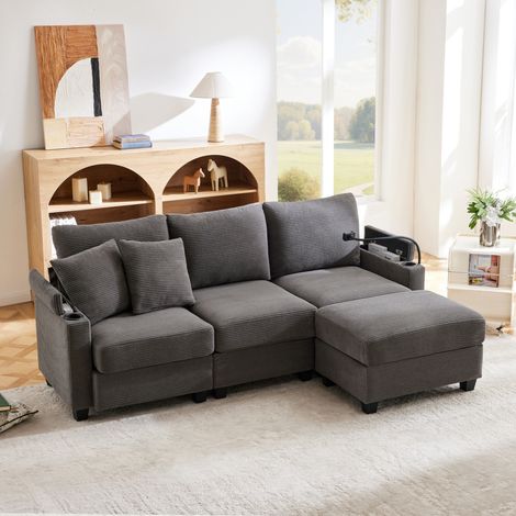 Sofá esquinero convertible 213.5x139x87 cm gris oscuro en pana con reposapiés, USB y almacenaje (1/5)