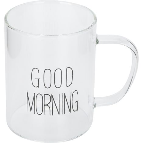 Mug transparent de 350 ml avec anse, style café au lait, en verre, avec inscription noire. (1/5)